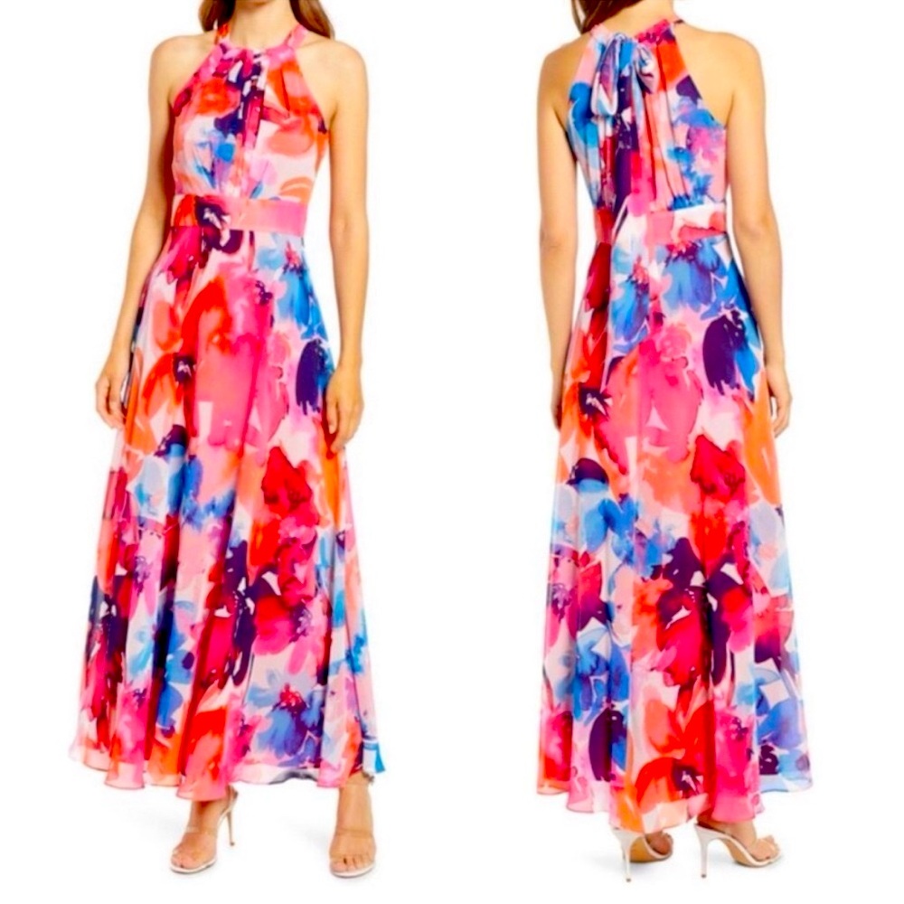 Eliza J Floral Chiffon Halter Style Maxi Dress Size 12 NWT